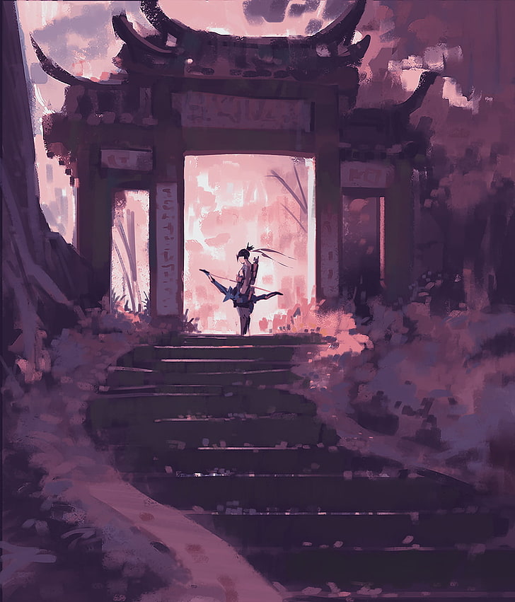 person standing holding bow painting, digital art, artwork, Hanzo (Overwatch)