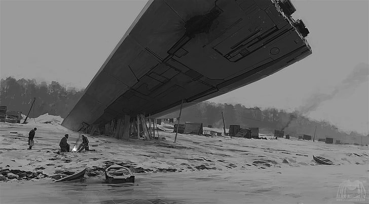 grayscale photo of crushed plane, Alexey Andreev, artwork, concept art