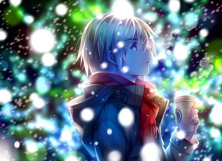 winter, night, jacket, profile, guy, Cup, art, blonde, the first snow, HD wallpaper