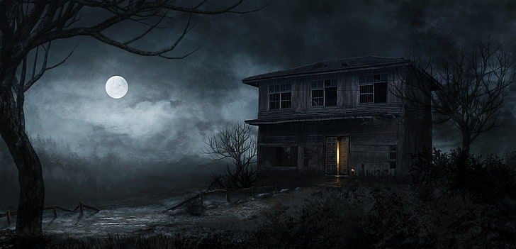 brown wooden house artwork, night, tree, the moon, swamp, haunted house