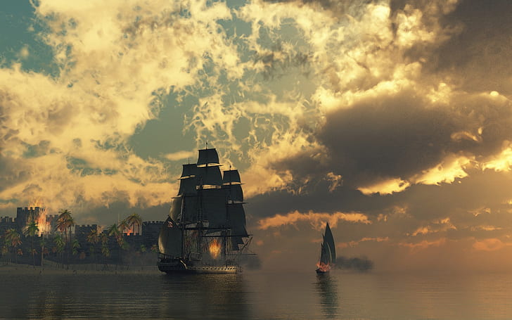 Schooner Ship Sail Ship Clouds Ocean HD, fantasy
