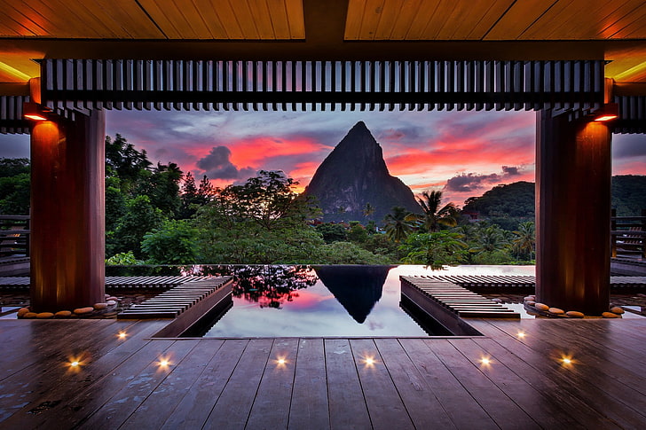 sunset, hotel, St. Lucia, sky, architecture, nature, water, HD wallpaper