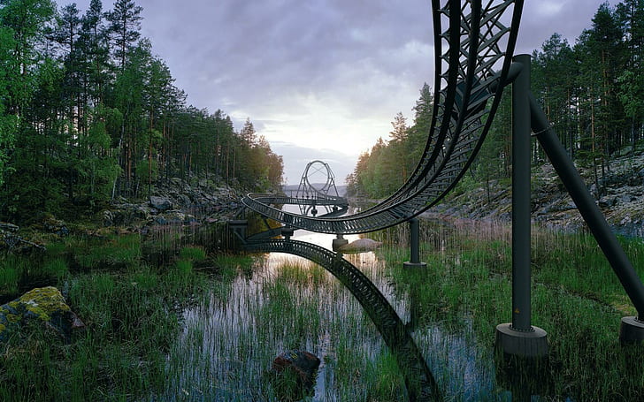 Wonderful Roller Coaster Over A Lake, trees, grass, amusement park