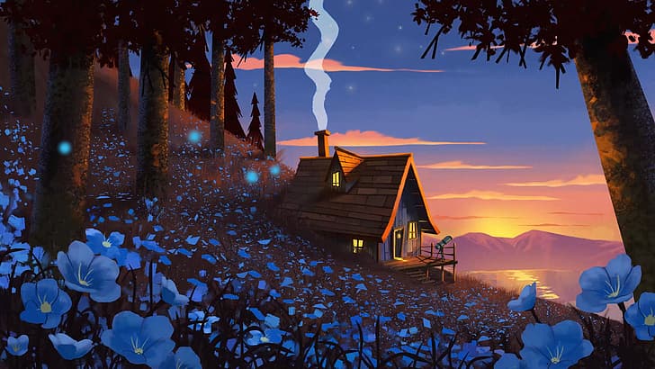 Hugo Barret Castan, sunset, smoke, cottage, chimneys, forest, HD wallpaper