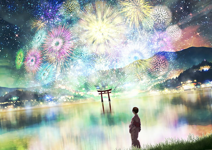 Anime, Original, Fireworks, Girl, Japanese Clothes, Night, Stars, HD wallpaper