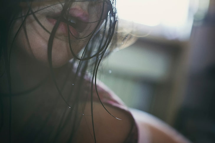 women, brunette, closeup, wet, one person, close-up, focus on foreground