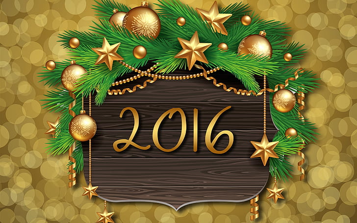 2016 Happy New Year, golden balls, Christmas, HD wallpaper
