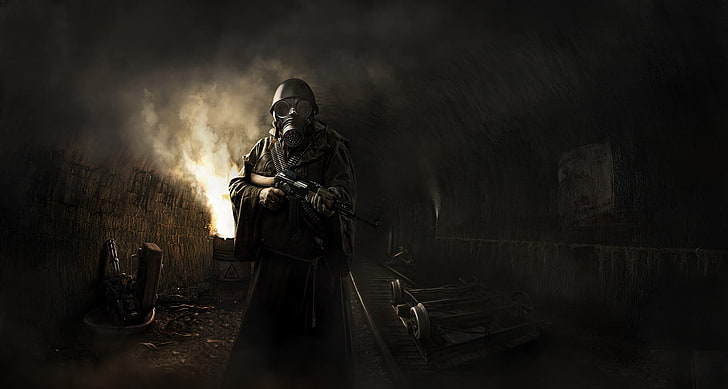 man holding rifle wearing gas mask digital art wallpaper, apocalyptic, HD wallpaper