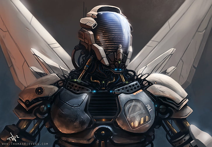 gray winged armor robot, fantasy art, cyborg, futuristic, mode of transportation