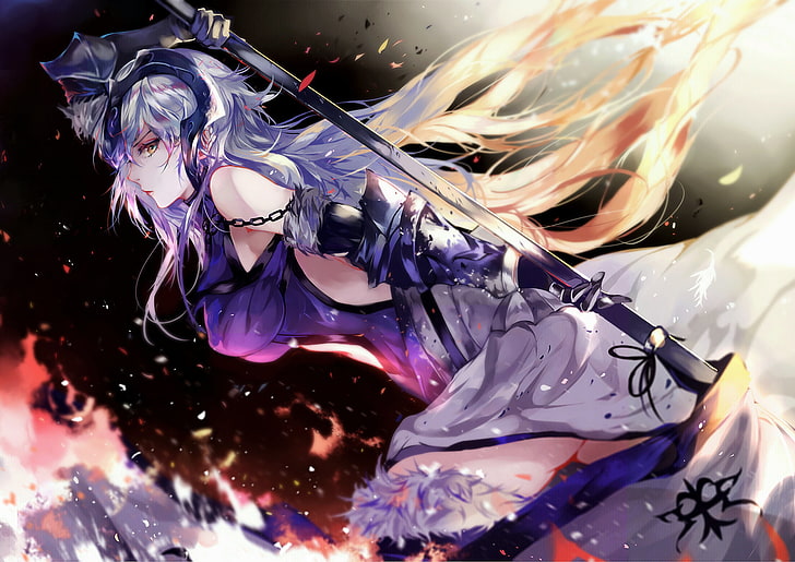 Fate/Grand Order, Jeanne d'arc alter, weapon, spear, gray hair, HD wallpaper