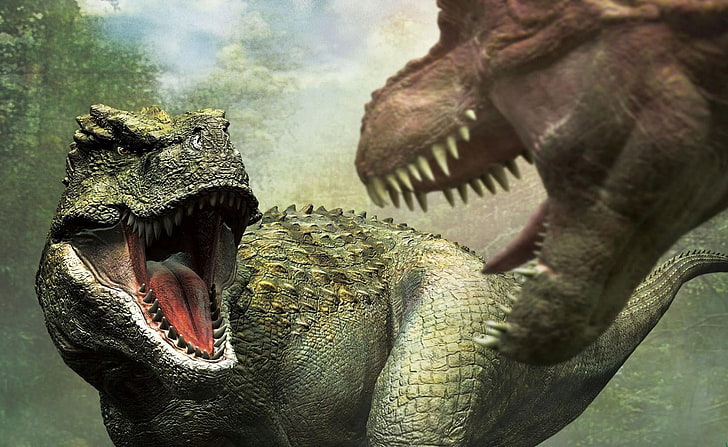 two dinosaur fighting digital wallpaper, dinosaurs, mouth, fangs, HD wallpaper