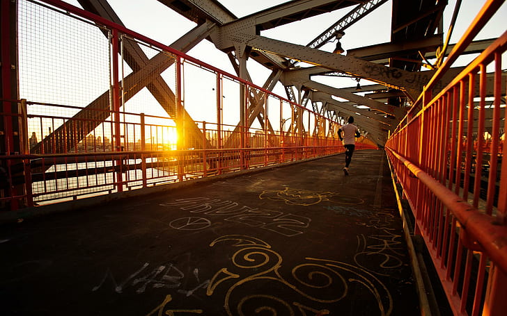 Jogging on the iron bridge, metal bridge, world, 1920x1200, building, HD wallpaper