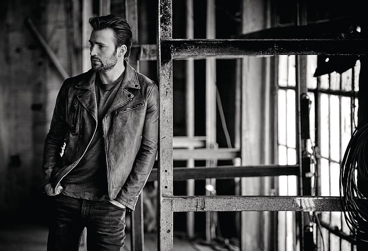 photo, jeans, jacket, actor, black and white, Chris Evans, InStyle, HD wallpaper