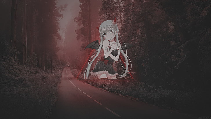 anime, anime girls, picture-in-picture, tree, road, transportation
