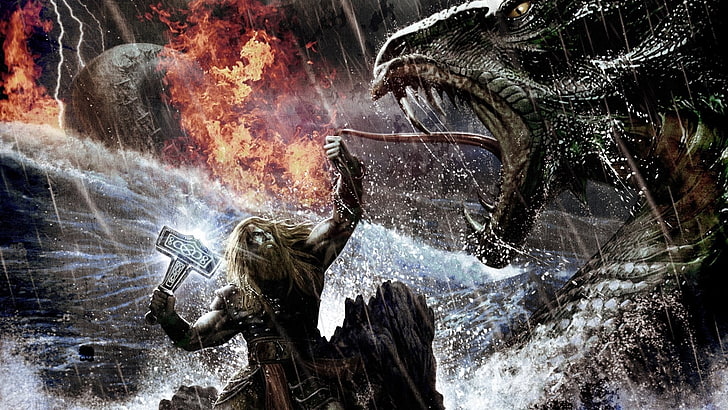 Thor and dragon poster, Amon Amarth, melodic death metal, battle