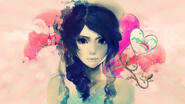 Beautiful woman face, black haired woman illustration, digital art, HD wallpaper