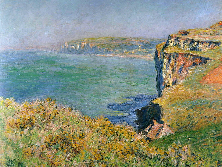 cliff near water painting, landscape, picture, Claude Monet, Rock in Granule, HD wallpaper