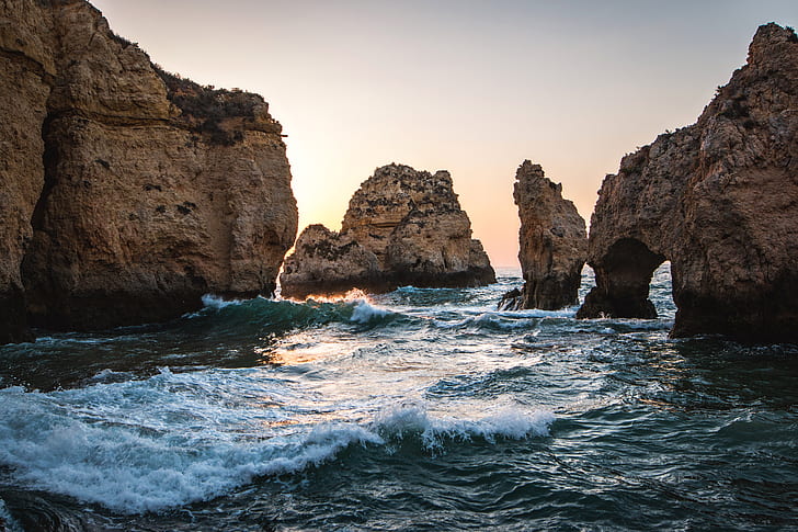 Algarve, beach, cliff, Europe, Lagos, Portugal, rocks, sun, HD wallpaper
