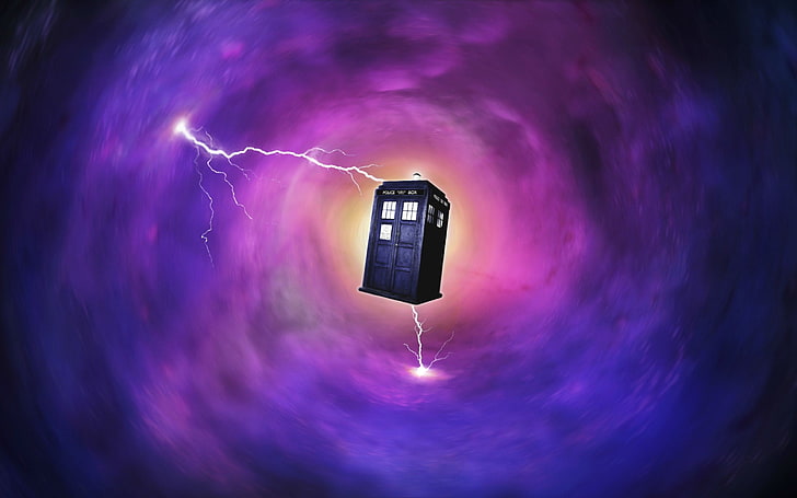 time machine wallpaper, lightning, TARDIS, space, Doctor Who