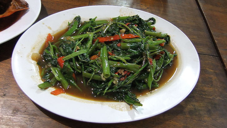 indonesia food stir fry kale with dried shrimp, food and drink