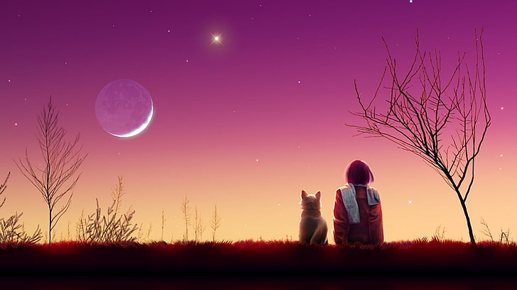 girl sitting beside dog digital wallpaper, kagaya moon, anime