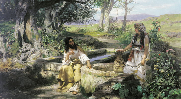 trees, flowers, oil, well, pitcher, Canvas, Christ and the Samaritan woman, HD wallpaper