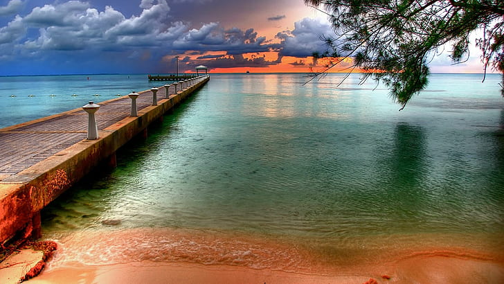 Dock Beach Ocean Sunset HDR HD, nature
