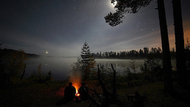 starry sky, lake, tree, darkness, night, bonfire, water, nature, HD wallpaper