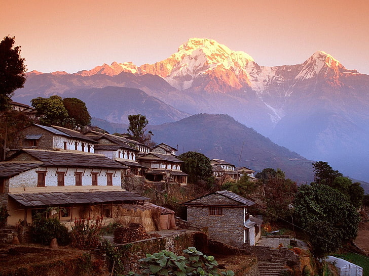 gray and white concrete house, Nepal, Himalayas, Ghandruk, mountains
