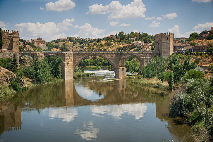 Bridges, Puente de San Martín, Reflection, River, Spain, Toledo