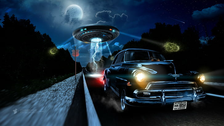 vehicle car chevrolet night ufo digital art fantasy art lights road aliens trees forest clouds stars planet lightning road sign