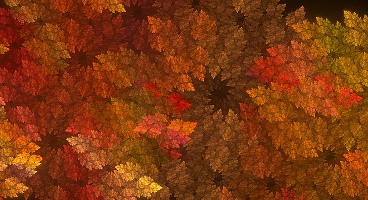 orange, red, and beige foliage painting, abstract, fractal, leaves, HD wallpaper