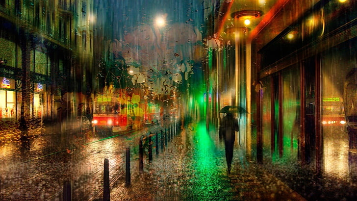 painting of person holding umbrella while walking on street, rain