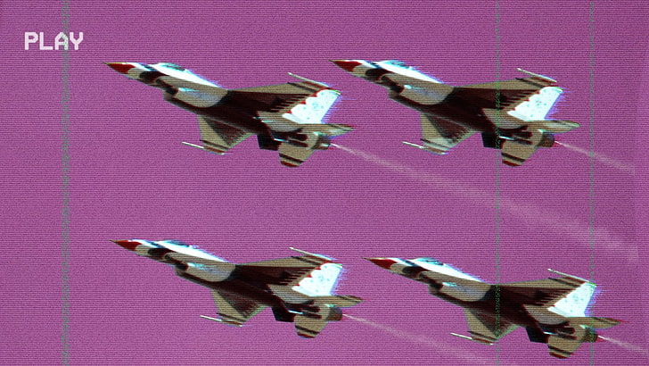 four white-and-black fighter jet, aircraft, vaporwave, glitch art