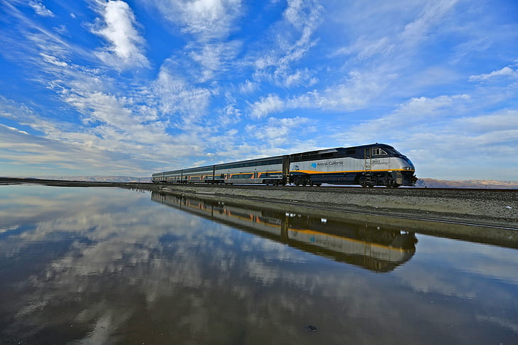nature, landscape, train, railway, California, USA, water, clouds