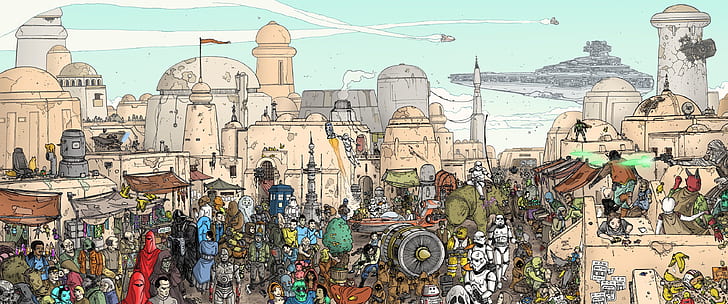 artwork, Star Wars, science fiction, R2-D2, Chewbacca, stormtrooper, HD wallpaper