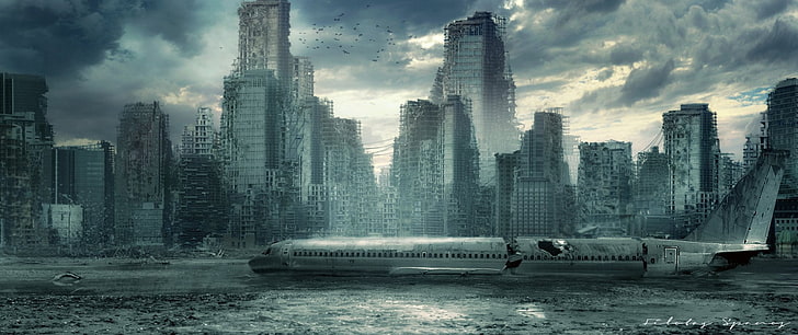 Sci Fi, Post Apocalyptic, Aircraft, City, Ruin, Skyscraper