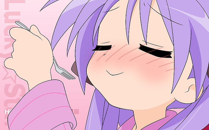 Lucky Star, blushing, Hiiragi Kagami, fork, purple hair, anime girls, HD wallpaper
