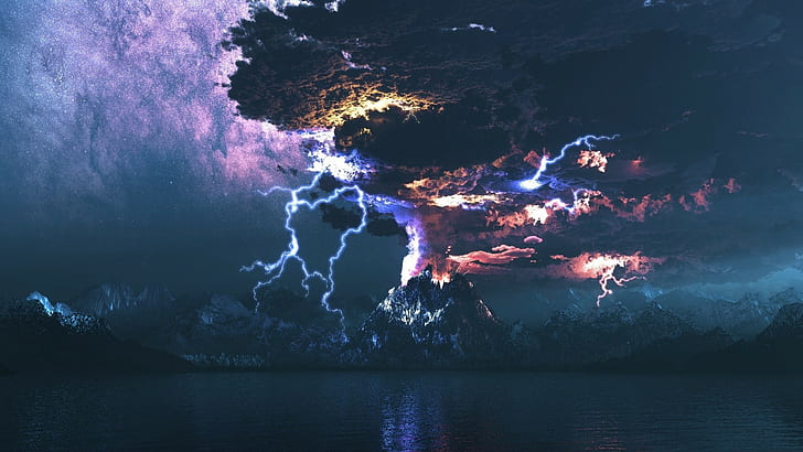 lightning, volcanic eruption, artwork, lake, volcano, sky, sea
