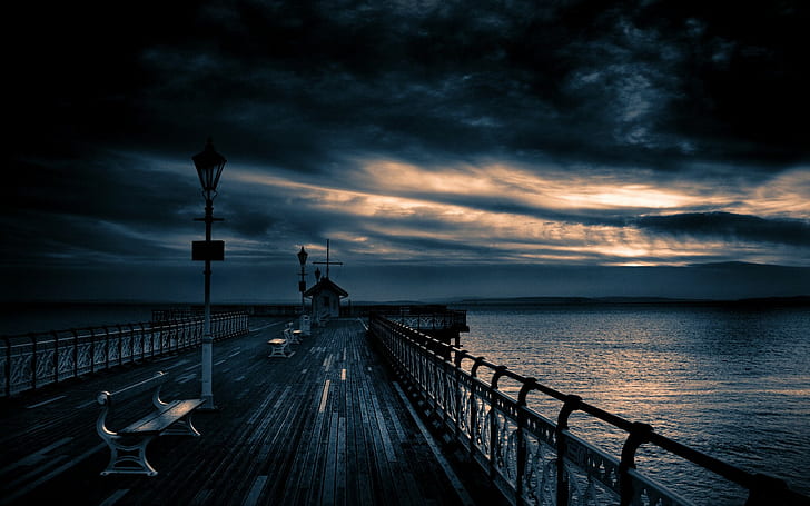 pier, sky, clouds, sea, HD wallpaper
