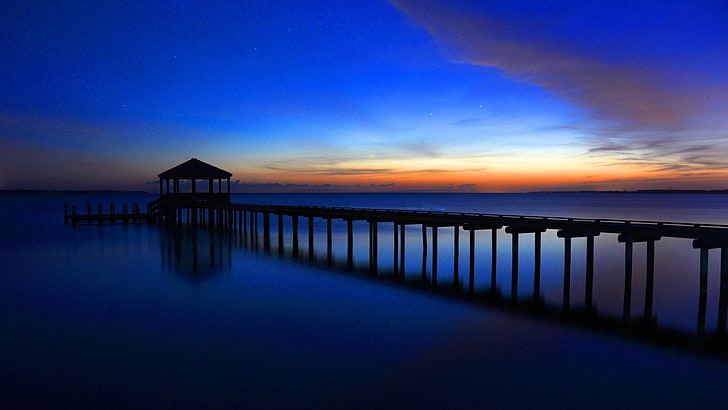 water, pier, long exposure, sky, sea, architecture, sunset, HD wallpaper