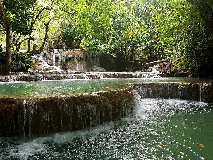 green and brown waterfalls, Laos, river, Kuang Si Waterfalls