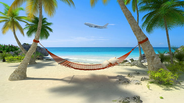 Seaside scenery, coconut trees, hammocks, blue sea, sky, aircraft, beach