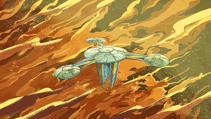 gray spaceship with camouflage background painting, Rick and Morty