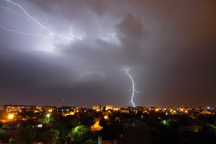 lightning storm, cityscape, sky, night, lights, power in nature