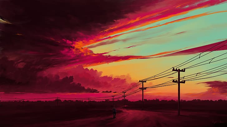 landscape, sunset, digital art, clouds, power lines, sky, artwork, HD wallpaper