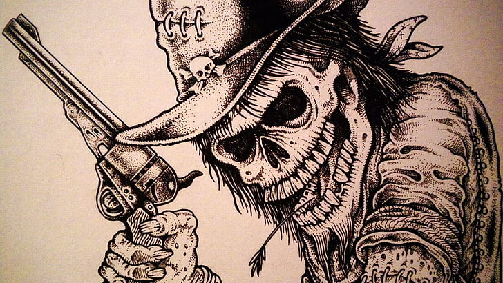 skull, cowboy hats, revolver, artwork