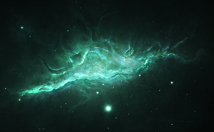 Neon Void, green nebula, Space, Galaxy, Stars, ultrahd, starkiteckt