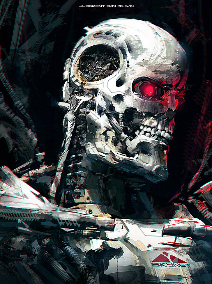 white and black skull print mask, Terminator, T-800, robot, red eyes, HD wallpaper
