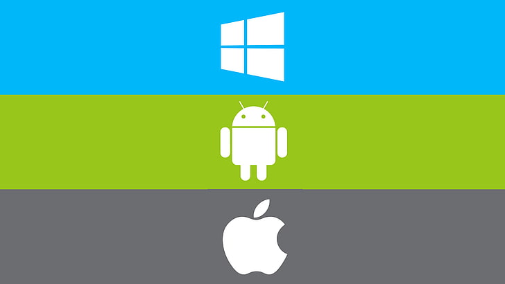 Windows, Android, and Apple logos, computer, strip, phone, emblem